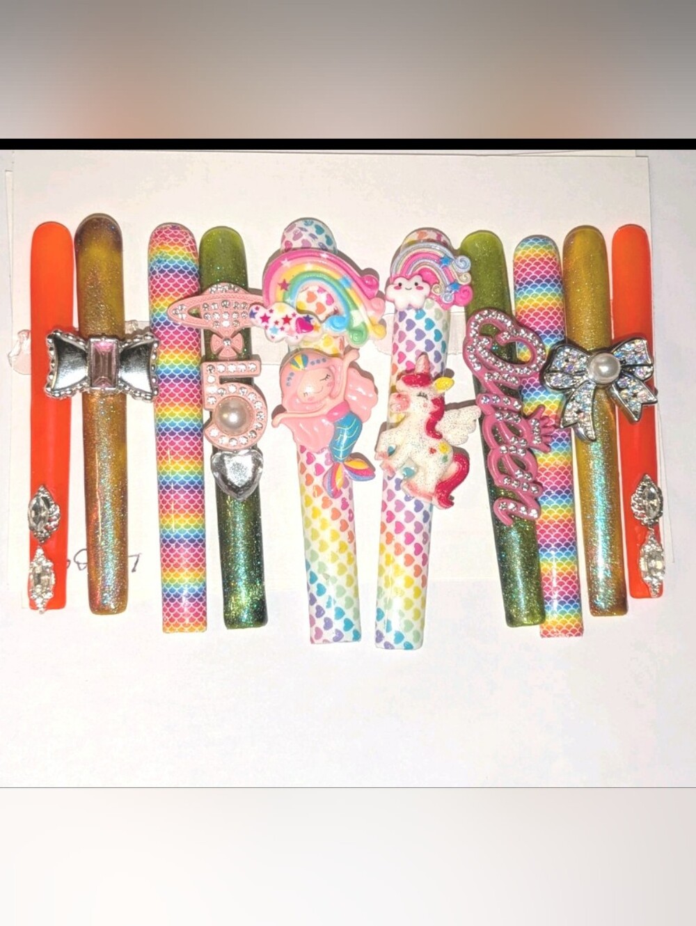 SolddddHand Crafted 6Xl Acrylic Rainbow & Orange Press-On Nails Set with Charms - Picture 16 of 16